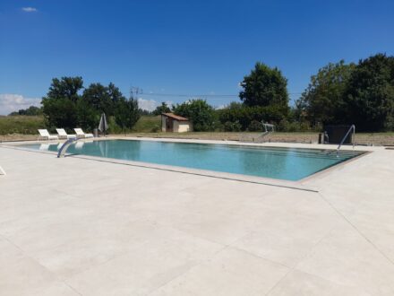 Piscina circondata da terreno e alberi